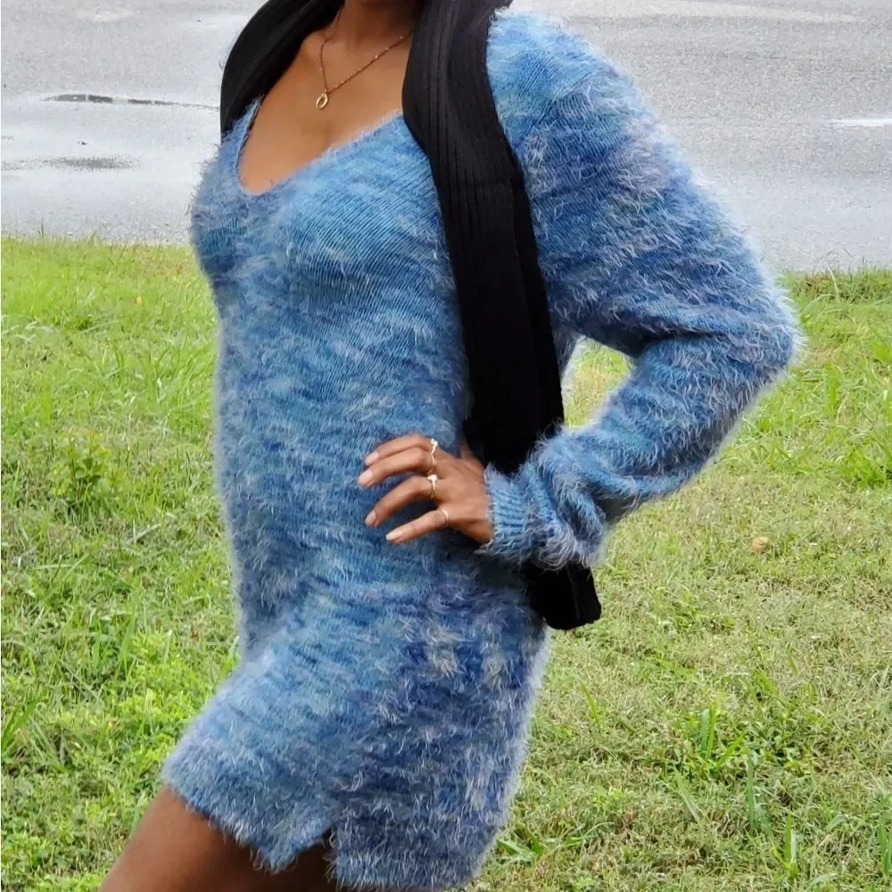 525 America Long Sleeve Sweater Tunic Dress V Neck Medium Eyelash Boho Grunge - Picture 2 of 7